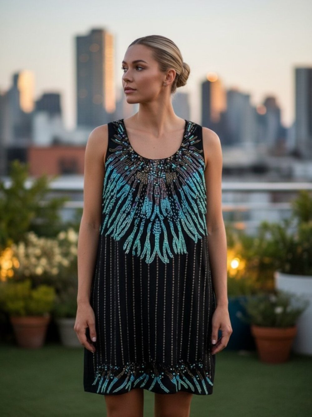Nicole Miller Silk Black Beaded Shift Dress Sleeveless Cocktail Party Sz Large